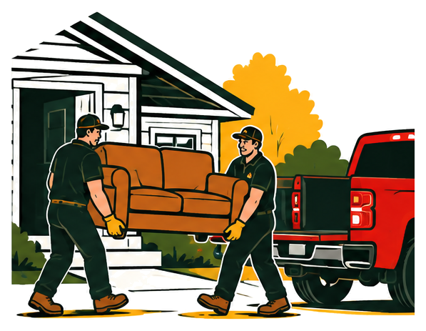 Two workers carrying a couch from a house to a pickup truck