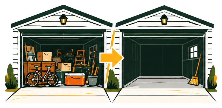 Before and after of a cluttered garage cleared out and swept clean