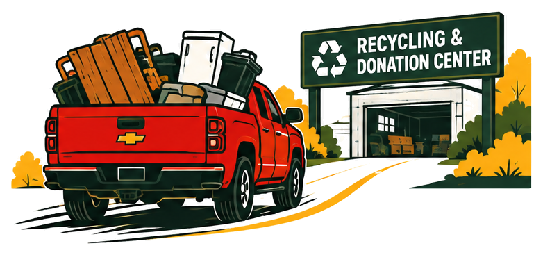 Loaded pickup truck driving to a recycling and donation center